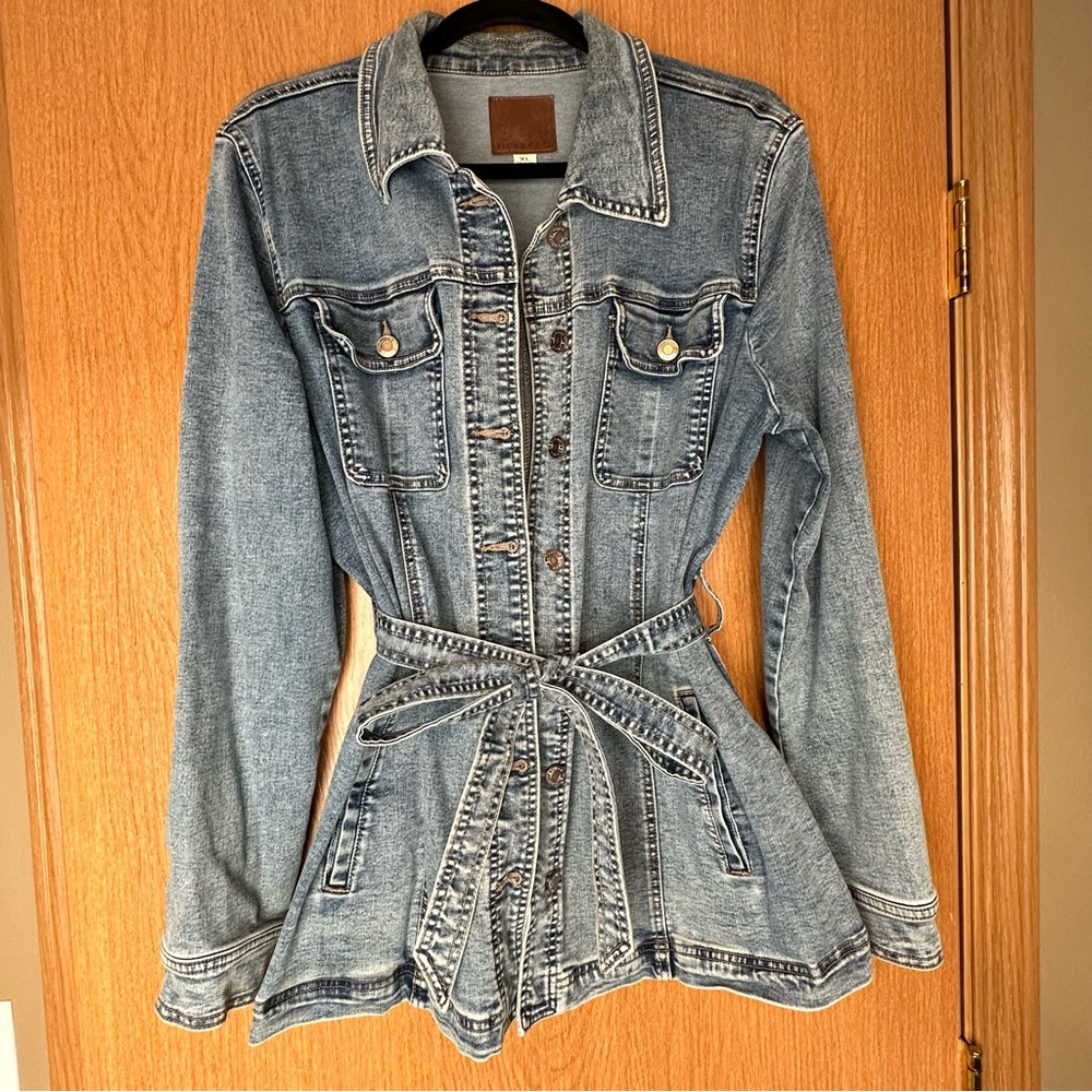 Maurice’s Button Up Jean Jacket with Tie Womens Size XL Denim Coat Long Sleeves